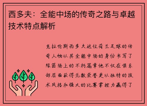 西多夫:全能中场的传奇之路与卓越技术特点解析 西多夫:全能中场的传奇之路与卓越技术特点解析